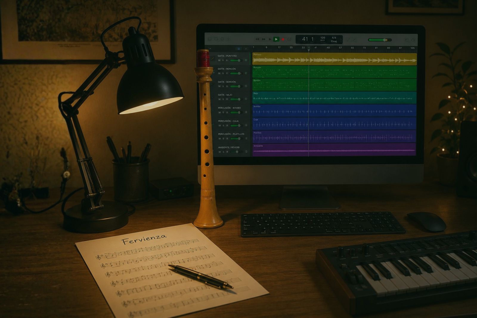 A workdesk in warm light: a gaita punteru resting beside a handwritten score titled Fervienza, a DAW with gaita and percussion tracks on screen, a MIDI keyboard and a desk lamp
