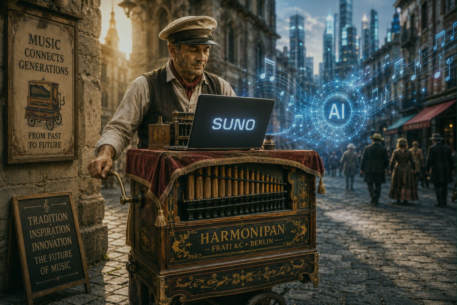 A street organ player with an old Harmonipan barrel organ on a cobbled street, with a laptop showing Suno on top of the instrument and musical notes connected to an AI symbol, with a futuristic skyline in the background