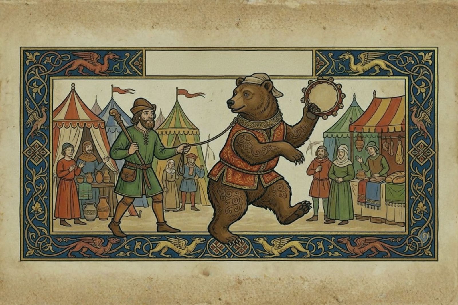 Ilustración d'estilu iluminado medieval: un osu amaestráu baila sobre les pates traseres con un pandeiru, vistíu con un chalecu coloráu y guiáu pol so domador, nun mercáu de feria con tiendes y puestos; orla decorada