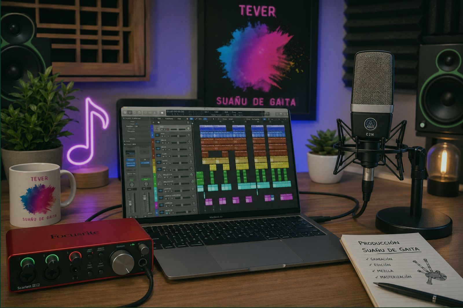 Studio desk with a MacBook showing Logic Pro X with the multicoloured tracks of the Suañu de Gaita project, a Focusrite Scarlett interface, an AKG C214 microphone, a notebook with the production checklist and the EP poster in the background
