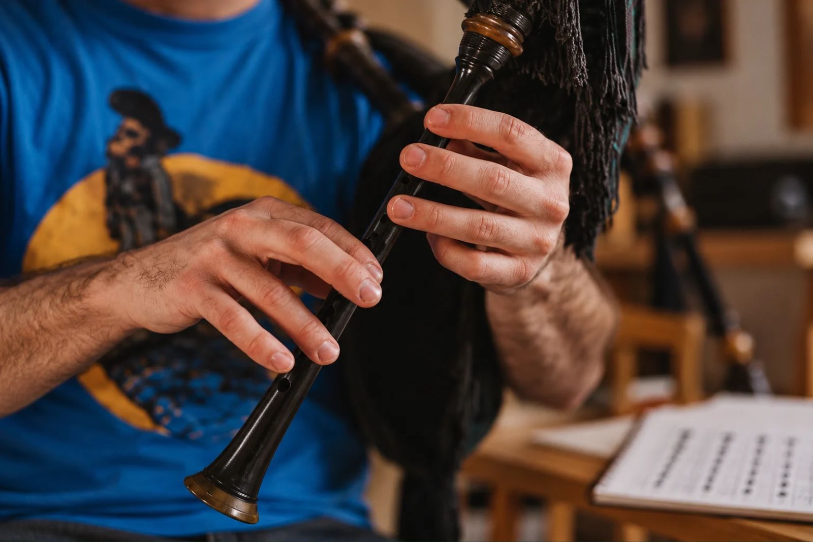 Close-up of a piper's hands on the punteru of an Asturian gaita, alternating between two finger positions over the holes of the melodic pipe