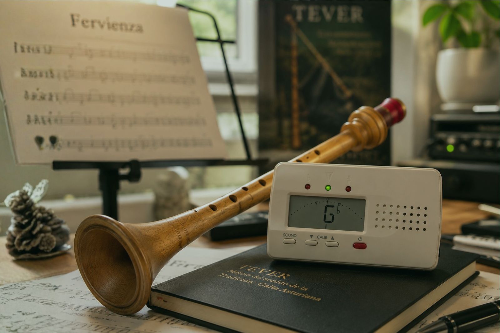 Asturian bagpipe chanter resting next to an electronic tuner showing B-flat, on a notebook reading 'TEVER — Improving the Sound of Tradition — Asturian Bagpipe', with the Fervienza score on a music stand in the background