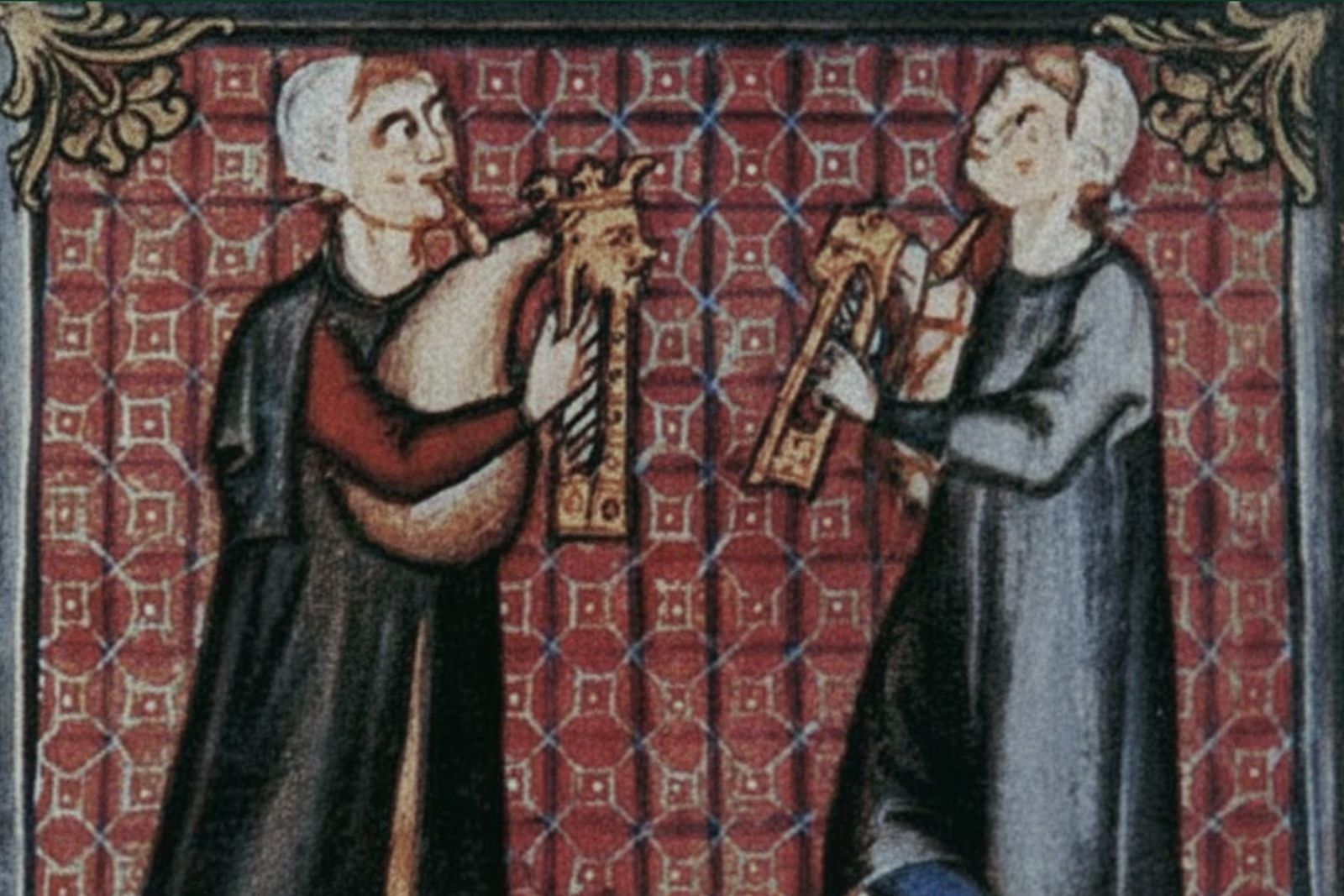 Miniatura medieval de les Cantigas de Santa María: dos gaiteros toquen sendes cornamuses d'odre, ún frente al otru, sobre un fondu d'arquería decorada