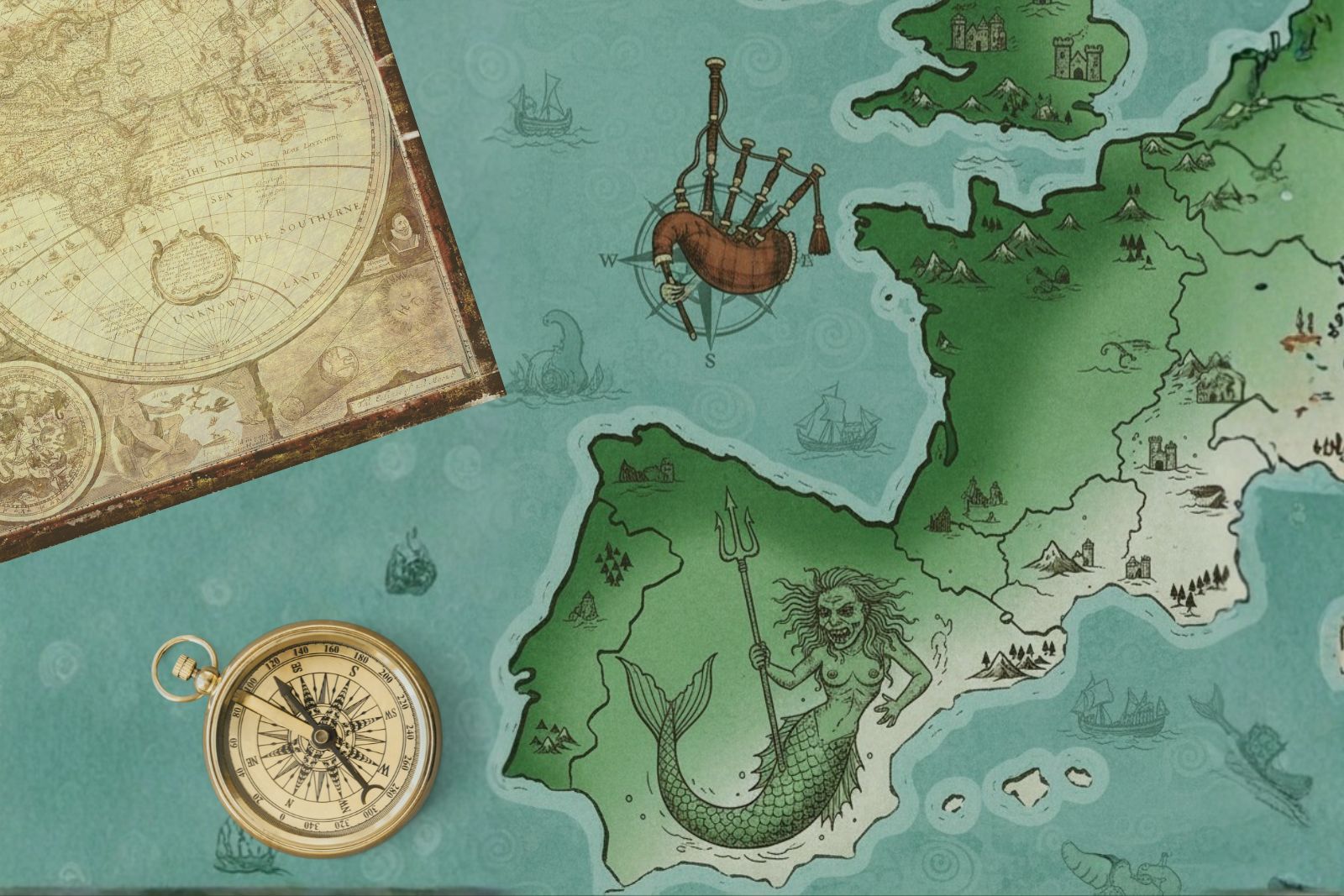 Illustrated old-style map of the European Atlantic seaboard —the British Isles, France and the Iberian Peninsula— with a gaita drawn over the compass rose, a brass compass and a mermaid