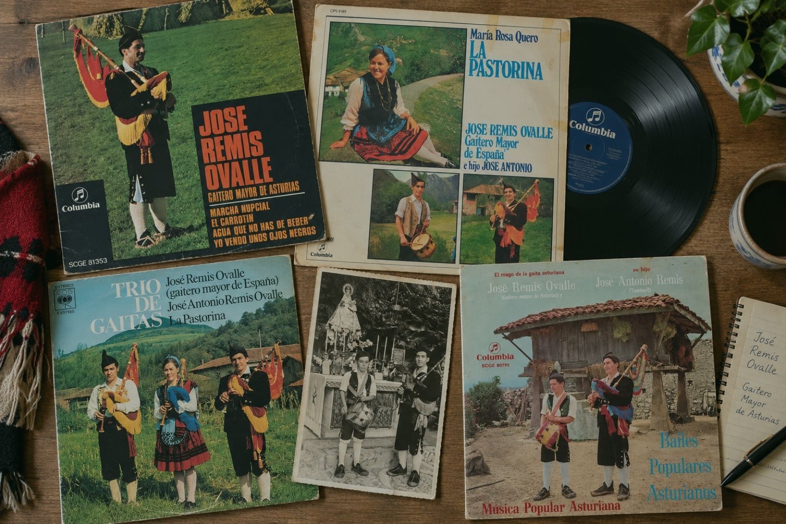 Collage de disques vinyles d'époque de José Remis Ovalle sur le label Columbia, avec une photographie de famille en noir et blanc et un carnet manuscrit portant son nom, sur une table en bois