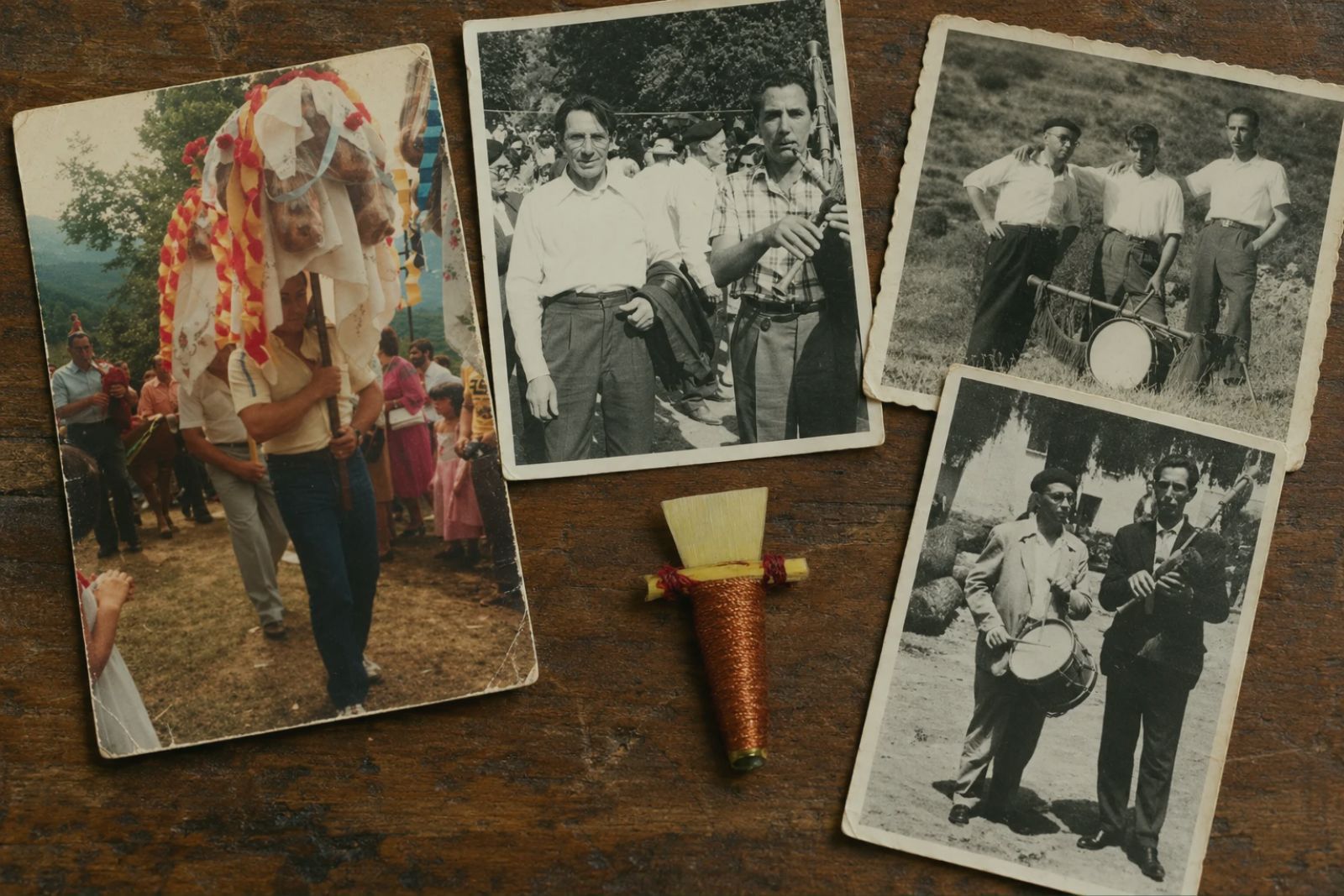 Four old photographs of pipers and drummers on a wooden table, with a gaita payuela in the centre