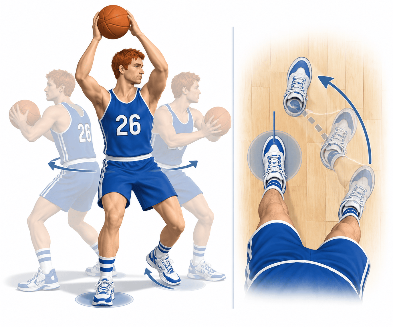 Basketball player pivoting: keeps one foot planted on the floor while turning the body and moving the other foot, with the path of the moving foot marked by an arrow